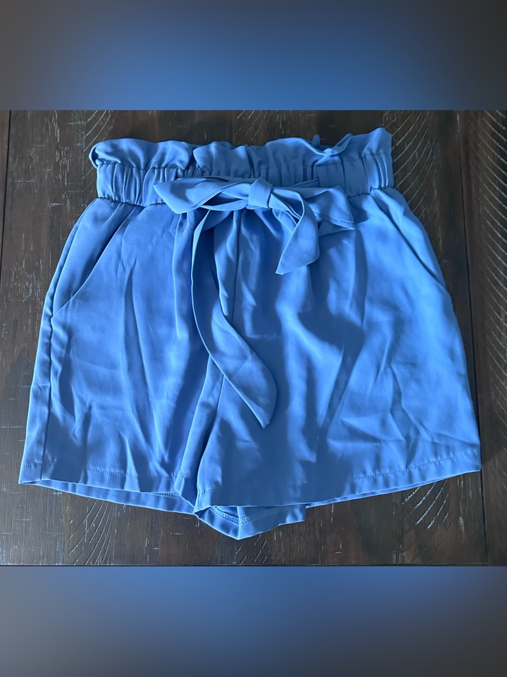 High-Rise Bow Tie Paper Bag Waist Blue Women's Shorts